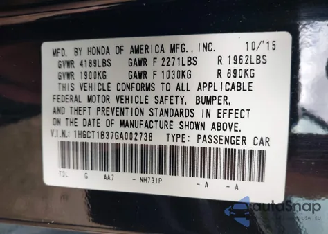 2016 Honda Accord Lx-S from USA, damaged, VIN 1HGCT1B37GA002738
